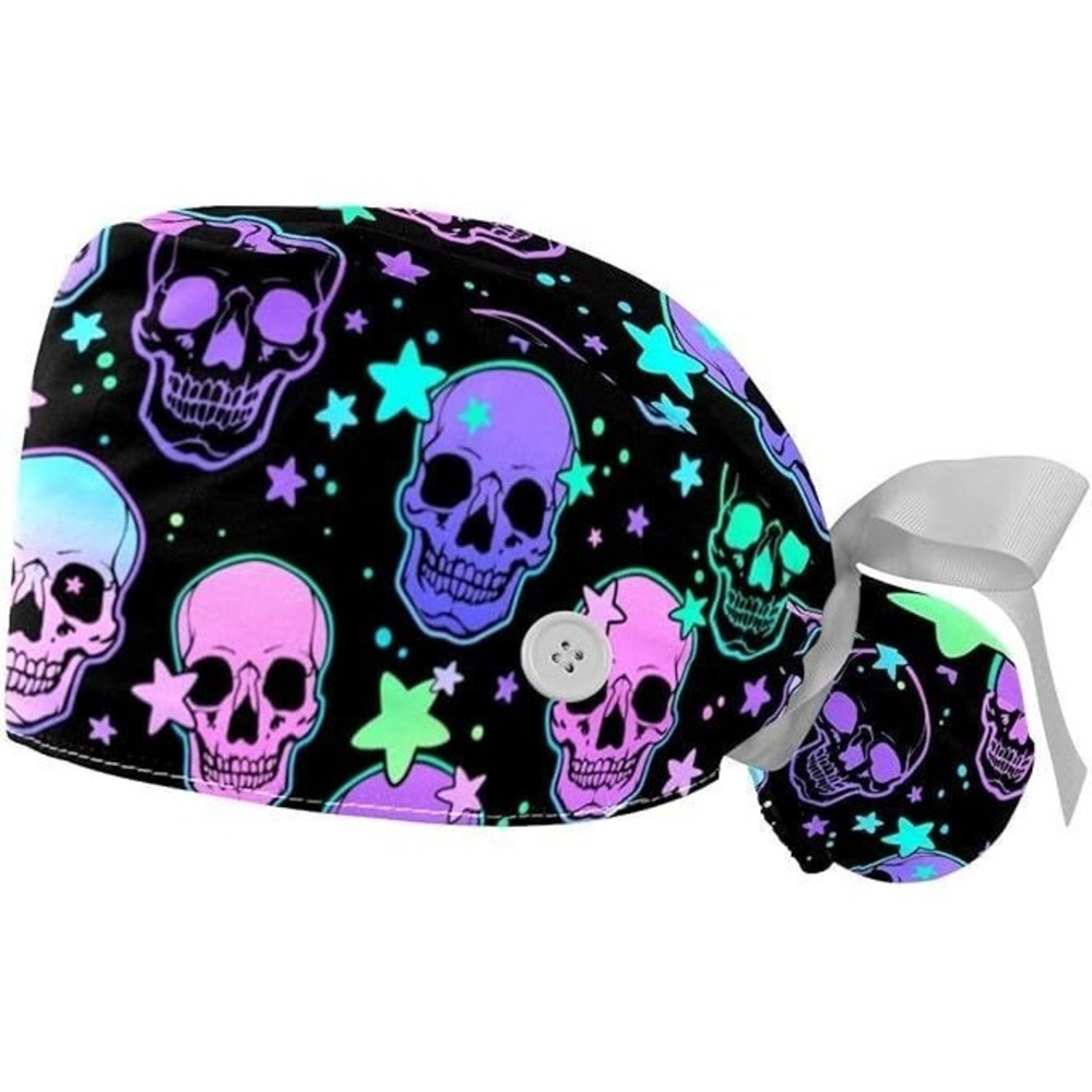 2 Pack Adjustable Bouffant Scrubs Surgical Cap for Long Hair - Black w/ Skulls